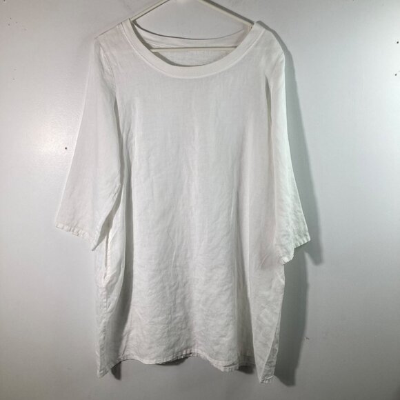 Womens Linen Tunic Round Neck 3/4 Sleeve  White L Linen Pockets - Picture 1 of 8